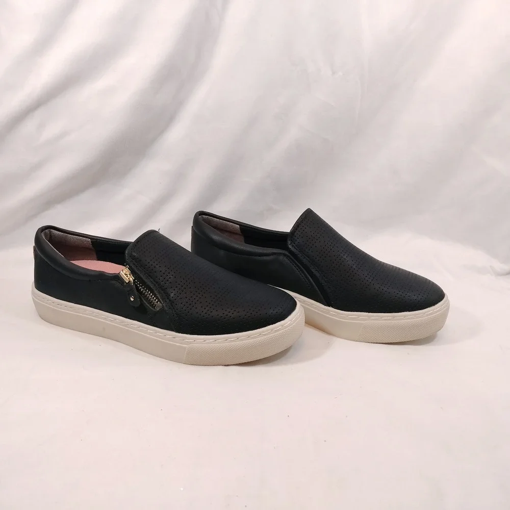 Dr. Scholls Black Slip On Sneakers; Perforated Faux Leather Gold Zip No Chill